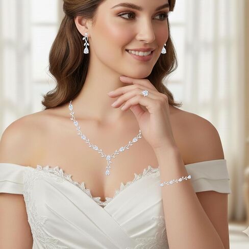 مجموعة مجوهرات الزفاف مكونة من 4 قطع للنساء مطلية بالبلاتينيوم مكعب زركونيا على شكل دمعة وأقراط وسوار قابل للتعديل وحلقة زفاف وإكسسوارات حفلات الزفاف ووصيفات العروس مع صندوق هدايا in Kuwait