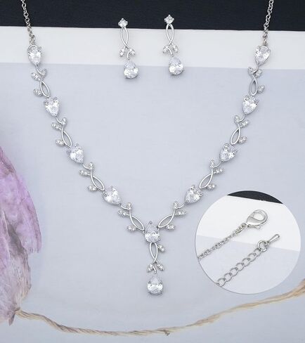 مجموعة مجوهرات الزفاف مكونة من 4 قطع للنساء مطلية بالبلاتينيوم مكعب زركونيا على شكل دمعة وأقراط وسوار قابل للتعديل وحلقة زفاف وإكسسوارات حفلات الزفاف ووصيفات العروس مع صندوق هدايا in Kuwait