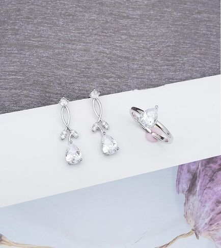 مجموعة مجوهرات الزفاف مكونة من 4 قطع للنساء مطلية بالبلاتينيوم مكعب زركونيا على شكل دمعة وأقراط وسوار قابل للتعديل وحلقة زفاف وإكسسوارات حفلات الزفاف ووصيفات العروس مع صندوق هدايا in Kuwait