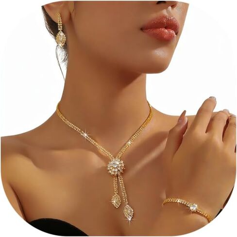 4 Pieces Cubic Zirconia Wedding Jewelry Sets for Bride Rhinestone Bridal Jewelry Set Necklace Bracelet Earring Ring for Brides Bridesmaid for Wedding Party in Saudi Arabia