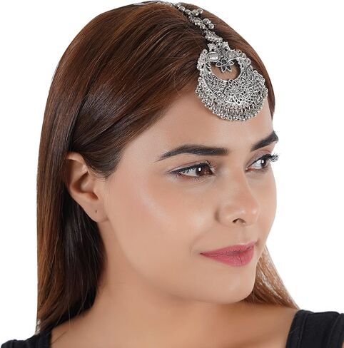 Jwellmart فضية عرقية بوهومية تقليدية مزينة باللؤلؤ تصميم بيان مؤكسد كبير الحجم Maang Tikka/Maang Tika للنساء in Saudi Arabia