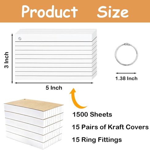 1500 Pcs White Index Cards with Rings, 3x5 Inch Flash Cards Bulk with Holder for Studying, Notecards Lined for Office, Home, School Supplies College, Ruled Index Cards, Double Sided in Saudi Arabia