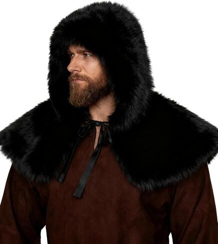 L'VOW Viking Men Warrior Faux Fur Hooded Hat Nordic Fur Hat Collar Wrap Cover Up Hunter Costume Accessory in Kuwait