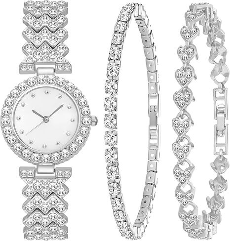 NEWITIN 3 Pieces Women Diamond Watch Bracelets Set Luxury Fashion Jewelry Cubic Zirconia Wristwatch Bracelet Silver Watch Jewelry Set for Women in Kuwait
