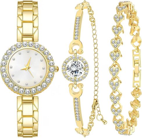 NEWITIN 3 Pieces Women Diamond Watch Bracelets Set Luxury Fashion Jewelry Cubic Zirconia Wristwatch Bracelet Silver Watch Jewelry Set for Women in Kuwait