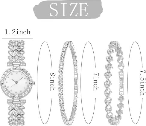 NEWITIN 3 Pieces Women Diamond Watch Bracelets Set Luxury Fashion Jewelry Cubic Zirconia Wristwatch Bracelet Silver Watch Jewelry Set for Women in Kuwait