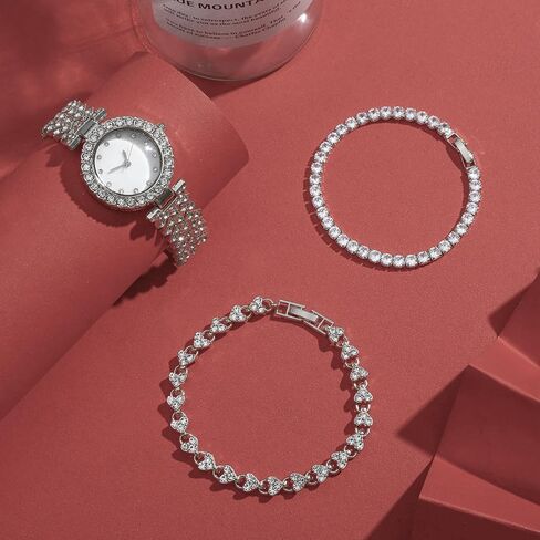 NEWITIN 3 Pieces Women Diamond Watch Bracelets Set Luxury Fashion Jewelry Cubic Zirconia Wristwatch Bracelet Silver Watch Jewelry Set for Women in Kuwait