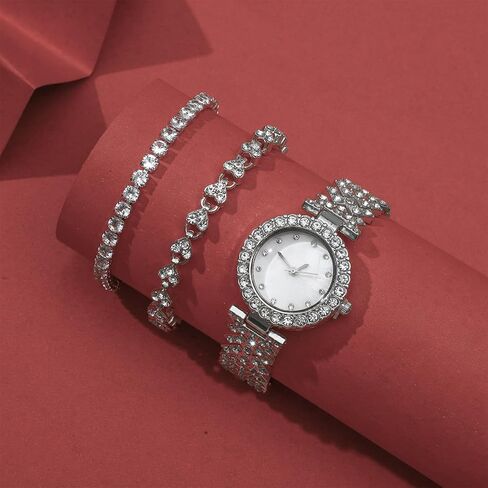 NEWITIN 3 Pieces Women Diamond Watch Bracelets Set Luxury Fashion Jewelry Cubic Zirconia Wristwatch Bracelet Silver Watch Jewelry Set for Women in Kuwait