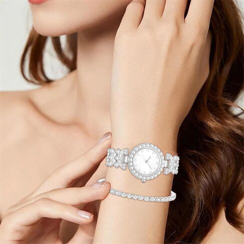 NEWITIN 3 Pieces Women Diamond Watch Bracelets Set Luxury Fashion Jewelry Cubic Zirconia Wristwatch Bracelet Silver Watch Jewelry Set for Women in Kuwait