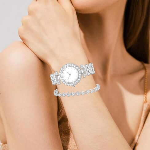 NEWITIN 3 Pieces Women Diamond Watch Bracelets Set Luxury Fashion Jewelry Cubic Zirconia Wristwatch Bracelet Silver Watch Jewelry Set for Women in Kuwait