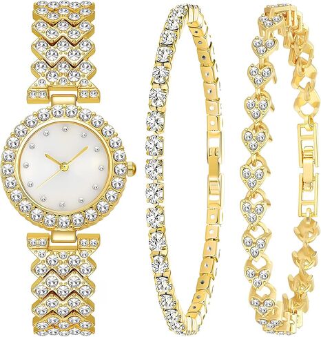 NEWITIN 3 Pieces Women Diamond Watch Bracelets Set Luxury Fashion Jewelry Cubic Zirconia Wristwatch Bracelet Silver Watch Jewelry Set for Women in Kuwait