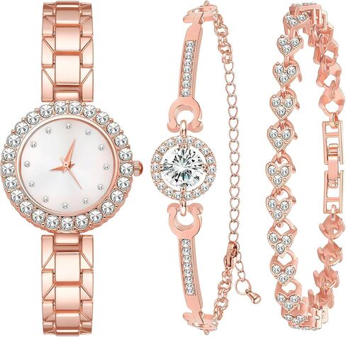NEWITIN 3 Pieces Women Diamond Watch Bracelets Set Luxury Fashion Jewelry Cubic Zirconia Wristwatch Bracelet Silver Watch Jewelry Set for Women in Kuwait