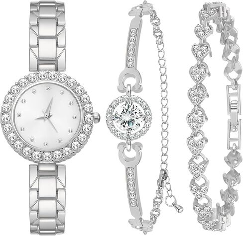 NEWITIN 3 Pieces Women Diamond Watch Bracelets Set Luxury Fashion Jewelry Cubic Zirconia Wristwatch Bracelet Silver Watch Jewelry Set for Women in Kuwait