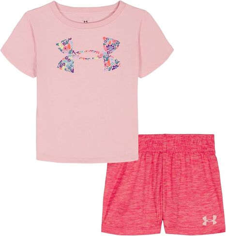 Under Armour Girls' 2-Piece Short Sleeve Graphic Tee and Shorts Set, Outdoor Collection, Pink Prime Ditsy, 4 in Saudi Arabia