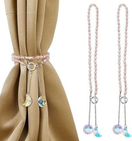 SUPERFINDINGS 2PCS Pink Crystal Beaded Holdbacks 16.5" Curtain Tiebacks Curtains Sheer/Drapery Holdbacks Sun and Moon Curtain Tie Backs for Boho Princess Home Decor (Crystal AB) in Saudi Arabia