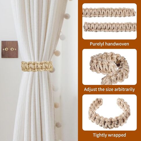2 Pack Braided Curtain Tiebacks,Boho Elegant Rustic Curtain Holdbacks Tie Backs Holders Set,Simple Light Weight Drapes Decorative Accessories Handmade for Home Office Bedroom Window (Linen) in Saudi Arabia