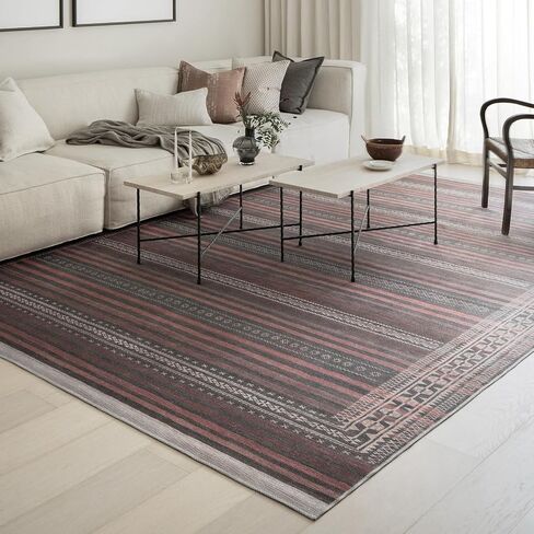 سجادة منطقة Vibe Stripe مقاس 7'6" x 9'6" - نسيج مسطح من التراث الرملي والفحم والطين، كومة منخفضة - سجادة منطقة سهلة التنظيف مثالية لغرفة المعيشة وغرفة الطعام وغرفة النوم والمدخل in Saudi Arabia