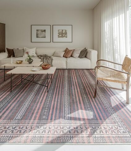 سجادة منطقة Vibe Stripe مقاس 7'6" x 9'6" - نسيج مسطح من التراث الرملي والفحم والطين، كومة منخفضة - سجادة منطقة سهلة التنظيف مثالية لغرفة المعيشة وغرفة الطعام وغرفة النوم والمدخل in Saudi Arabia