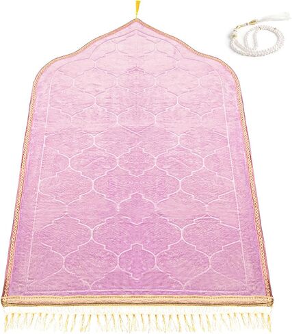 Muslim Prayer Rug and Beads, Pink Padded Thick Islamic Prayer Mat for Women, Kids, Eid Al-Adha Ramadan Umrah, Hajj, Salah Portable Praying Travel Turkish Rug, Islamic Gifts in Saudi Arabia