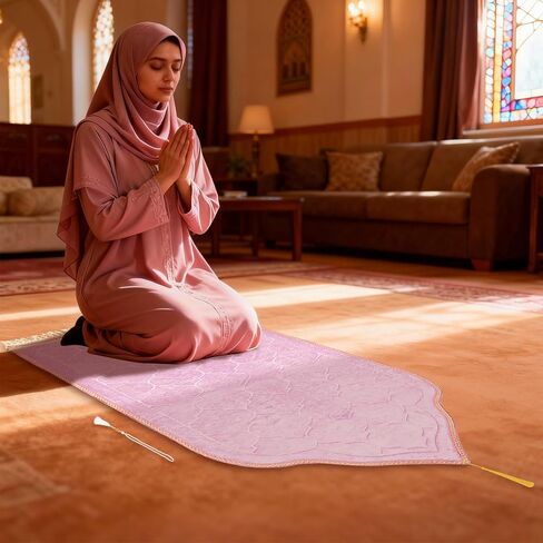 Muslim Prayer Rug and Beads, Pink Padded Thick Islamic Prayer Mat for Women, Kids, Eid Al-Adha Ramadan Umrah, Hajj, Salah Portable Praying Travel Turkish Rug, Islamic Gifts in Saudi Arabia