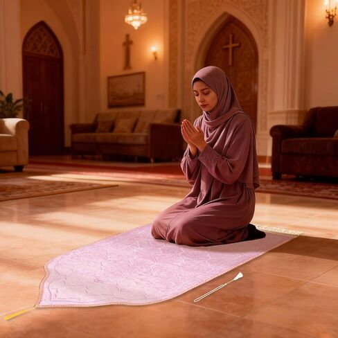Muslim Prayer Rug and Beads, Pink Padded Thick Islamic Prayer Mat for Women, Kids, Eid Al-Adha Ramadan Umrah, Hajj, Salah Portable Praying Travel Turkish Rug, Islamic Gifts in Saudi Arabia