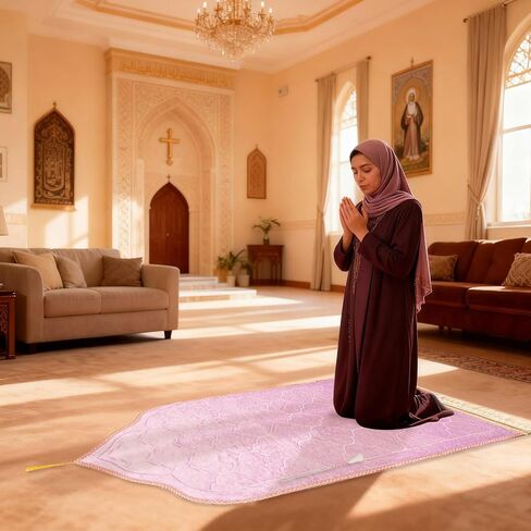 Muslim Prayer Rug and Beads, Pink Padded Thick Islamic Prayer Mat for Women, Kids, Eid Al-Adha Ramadan Umrah, Hajj, Salah Portable Praying Travel Turkish Rug, Islamic Gifts in Saudi Arabia