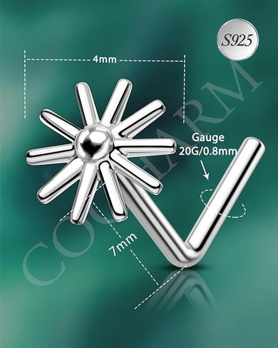 cocharm 925 الفضة الاسترليني عباد الشمس الأنف مسمار 20 جرام l شكل الأنف الدائري مسمار هيبوالرجينيك الأنف ثقب المجوهرات زهرة الأنف مسمار للنساء الرجال in Saudi Arabia