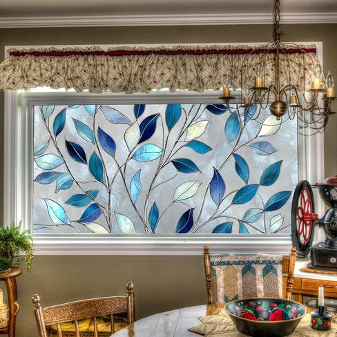 Privacy Window Film 39.37x17.71 Inches Stained Glass Window Film Blue Leaf Pattern Static Cling Decorative Film for Glass Door Home and Office Bedrooms PVC Privacy Decoration in Saudi Arabia