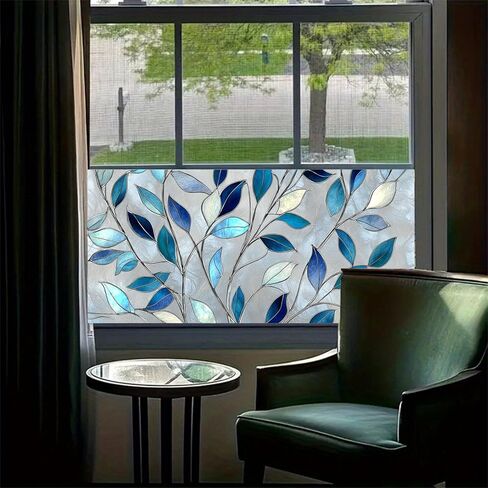 Privacy Window Film 39.37x17.71 Inches Stained Glass Window Film Blue Leaf Pattern Static Cling Decorative Film for Glass Door Home and Office Bedrooms PVC Privacy Decoration in Saudi Arabia