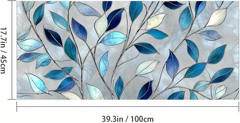Privacy Window Film 39.37x17.71 Inches Stained Glass Window Film Blue Leaf Pattern Static Cling Decorative Film for Glass Door Home and Office Bedrooms PVC Privacy Decoration in Saudi Arabia