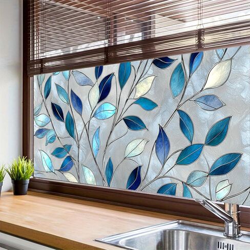 Privacy Window Film 39.37x17.71 Inches Stained Glass Window Film Blue Leaf Pattern Static Cling Decorative Film for Glass Door Home and Office Bedrooms PVC Privacy Decoration in Saudi Arabia