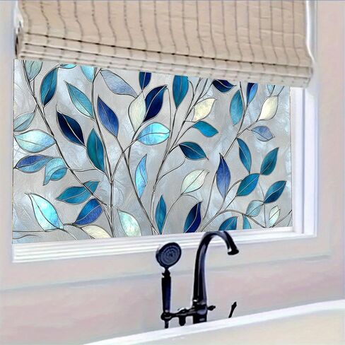 Privacy Window Film 39.37x17.71 Inches Stained Glass Window Film Blue Leaf Pattern Static Cling Decorative Film for Glass Door Home and Office Bedrooms PVC Privacy Decoration in Saudi Arabia