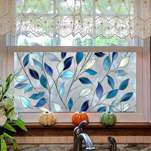 Privacy Window Film 39.37x17.71 Inches Stained Glass Window Film Blue Leaf Pattern Static Cling Decorative Film for Glass Door Home and Office Bedrooms PVC Privacy Decoration in Saudi Arabia