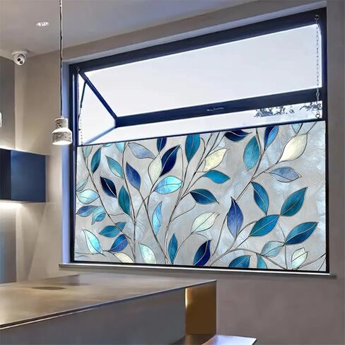 Privacy Window Film 39.37x17.71 Inches Stained Glass Window Film Blue Leaf Pattern Static Cling Decorative Film for Glass Door Home and Office Bedrooms PVC Privacy Decoration in Saudi Arabia