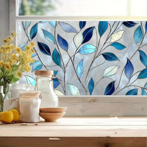 Privacy Window Film 39.37x17.71 Inches Stained Glass Window Film Blue Leaf Pattern Static Cling Decorative Film for Glass Door Home and Office Bedrooms PVC Privacy Decoration in Saudi Arabia