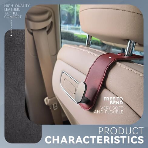 2 Pack Car Headrest Hooks, Leather Car Seat Storage Hanger for Purses Bags, Stylish Car Seat Organizer Hooks for Handbag Coat Umbrellas, Car interior Accessories for Women Men (Wine) in Saudi Arabia