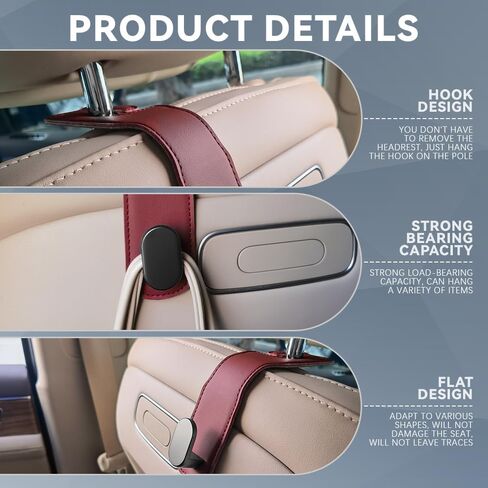 2 Pack Car Headrest Hooks, Leather Car Seat Storage Hanger for Purses Bags, Stylish Car Seat Organizer Hooks for Handbag Coat Umbrellas, Car interior Accessories for Women Men (Wine) in Saudi Arabia