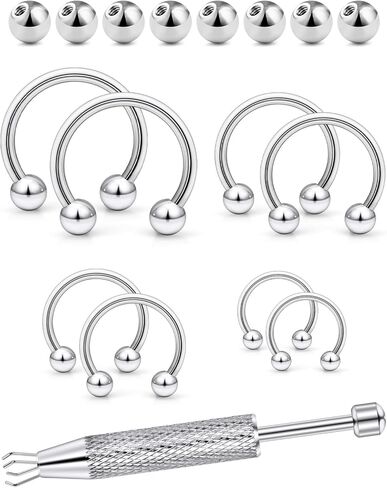 16G 316L Surgical Steel Horseshoe Septum Rings, 6/8/10/12 External Thread with Balls & Tool (17PCS) Nose Cartilage Lip Jewelry in Kuwait