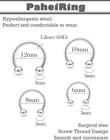 16G 316L Surgical Steel Horseshoe Septum Rings, 6/8/10/12 External Thread with Balls & Tool (17PCS) Nose Cartilage Lip Jewelry in Kuwait