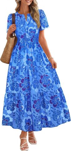 MEROKEETY Women's Spring Summer Floral Maxi Dresses 2026 Casual Beach Vacation Boho V Neck Short Sleeve Midi Dress Pockets in Saudi Arabia
