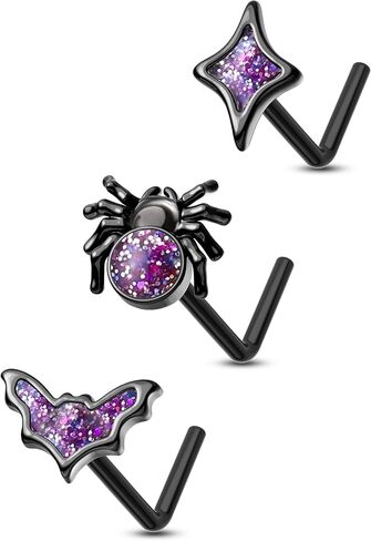 COCHARM 3PCS Halloween Nose Stud 20g Black Purple Glitter Bat Spider Nose Ring Stud Cute Dainty L Shape Nostril Stud, Surgical Steel Black Nostril Piercing Jewelry for Women Men in Saudi Arabia