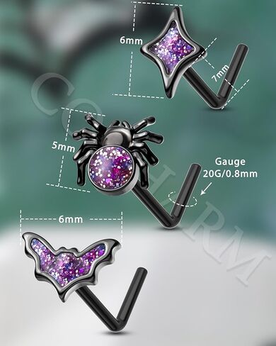COCHARM 3PCS Halloween Nose Stud 20g Black Purple Glitter Bat Spider Nose Ring Stud Cute Dainty L Shape Nostril Stud, Surgical Steel Black Nostril Piercing Jewelry for Women Men in Saudi Arabia