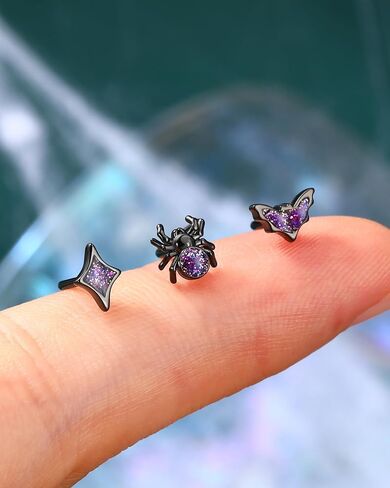 COCHARM 3PCS Halloween Nose Stud 20g Black Purple Glitter Bat Spider Nose Ring Stud Cute Dainty L Shape Nostril Stud, Surgical Steel Black Nostril Piercing Jewelry for Women Men in Saudi Arabia