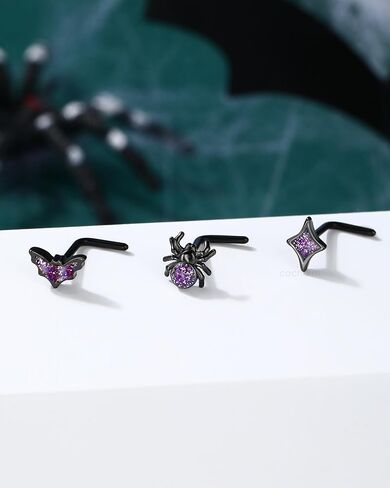 COCHARM 3PCS Halloween Nose Stud 20g Black Purple Glitter Bat Spider Nose Ring Stud Cute Dainty L Shape Nostril Stud, Surgical Steel Black Nostril Piercing Jewelry for Women Men in Saudi Arabia