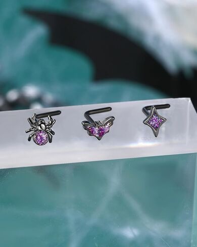 COCHARM 3PCS Halloween Nose Stud 20g Black Purple Glitter Bat Spider Nose Ring Stud Cute Dainty L Shape Nostril Stud, Surgical Steel Black Nostril Piercing Jewelry for Women Men in Saudi Arabia