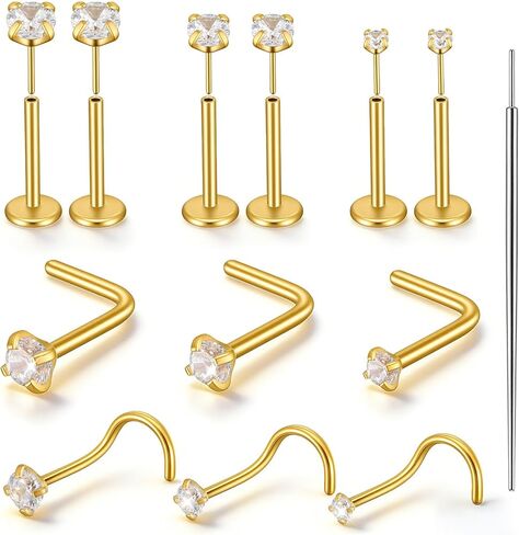 12Pcs Nose Rings Studs for Women, 20G 316L Surgical Steel Threadless Flat Back Earrings, Corkscrew L Shaped Nose Piercing Jewelry Set With Insertion Pin, Gold in Saudi Arabia