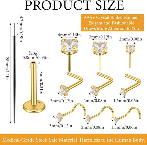12Pcs Nose Rings Studs for Women, 20G 316L Surgical Steel Threadless Flat Back Earrings, Corkscrew L Shaped Nose Piercing Jewelry Set With Insertion Pin, Gold in Saudi Arabia