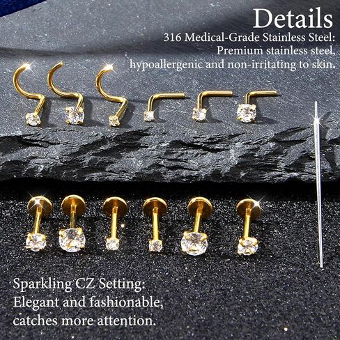12Pcs Nose Rings Studs for Women, 20G 316L Surgical Steel Threadless Flat Back Earrings, Corkscrew L Shaped Nose Piercing Jewelry Set With Insertion Pin, Gold in Saudi Arabia