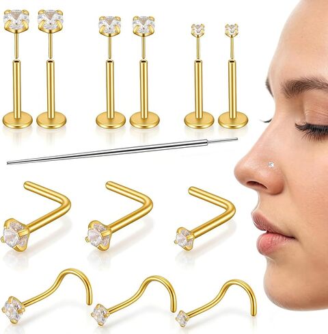 12Pcs Nose Rings Studs for Women, 20G 316L Surgical Steel Threadless Flat Back Earrings, Corkscrew L Shaped Nose Piercing Jewelry Set With Insertion Pin, Gold in Saudi Arabia