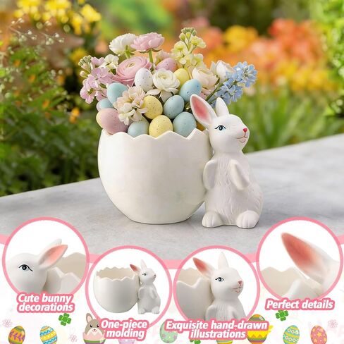 Easter Bunny Eggshell Vase for Flowers 4.3 Inch Easter Spring Tabletop Centerpiece Rabbit Figurine Statue Eggshell Ceramic Vase Rustic Craft for Home Dining Table Living Room Decoration in Saudi Arabia